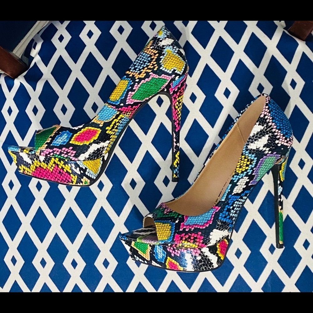 Multi Color Snake Print Pointy Peep Toe Platform … - image 7